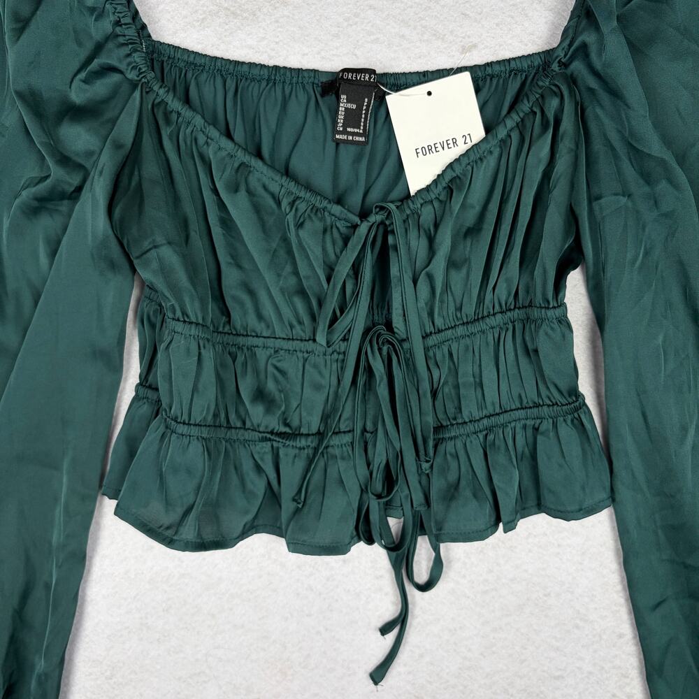 NWT Forever 21 Satin Tie Front Blouse Women's S Green Fairy Princess Cottagecore - Picture 4 of 9